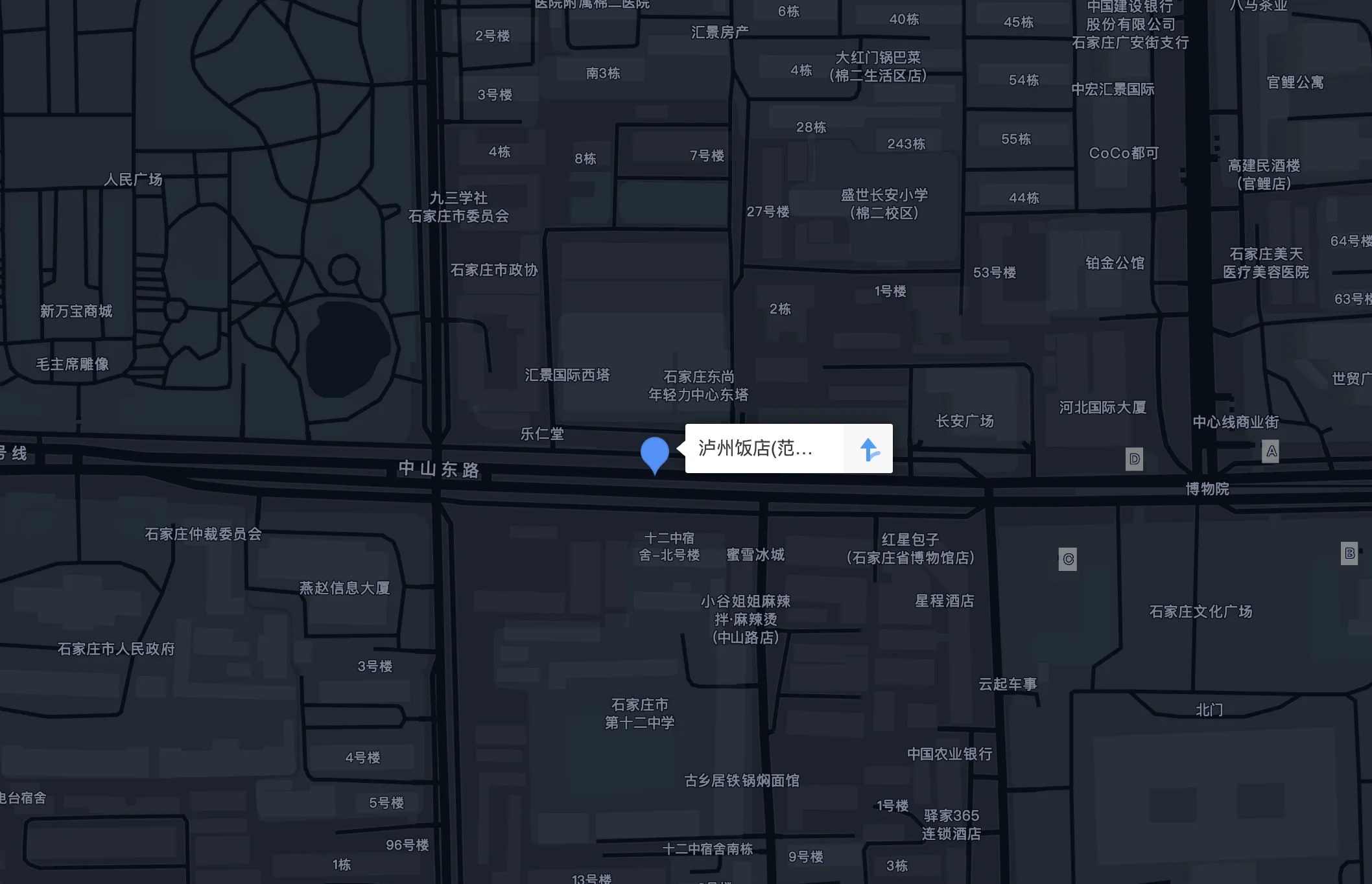 高德地图中泸州饭店（范西路店）在中山东路306号的位置